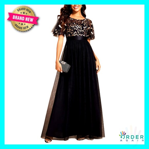 Sequin Formal Dress Ruffle Sleeves Empire Waist A-Line Long Elegant Evening Gown